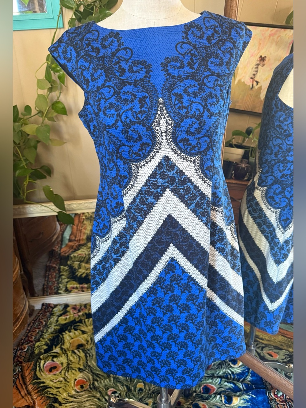 London Style Collection Geometric Lace Print Cap Sleeve Sheath Dress Size 12
